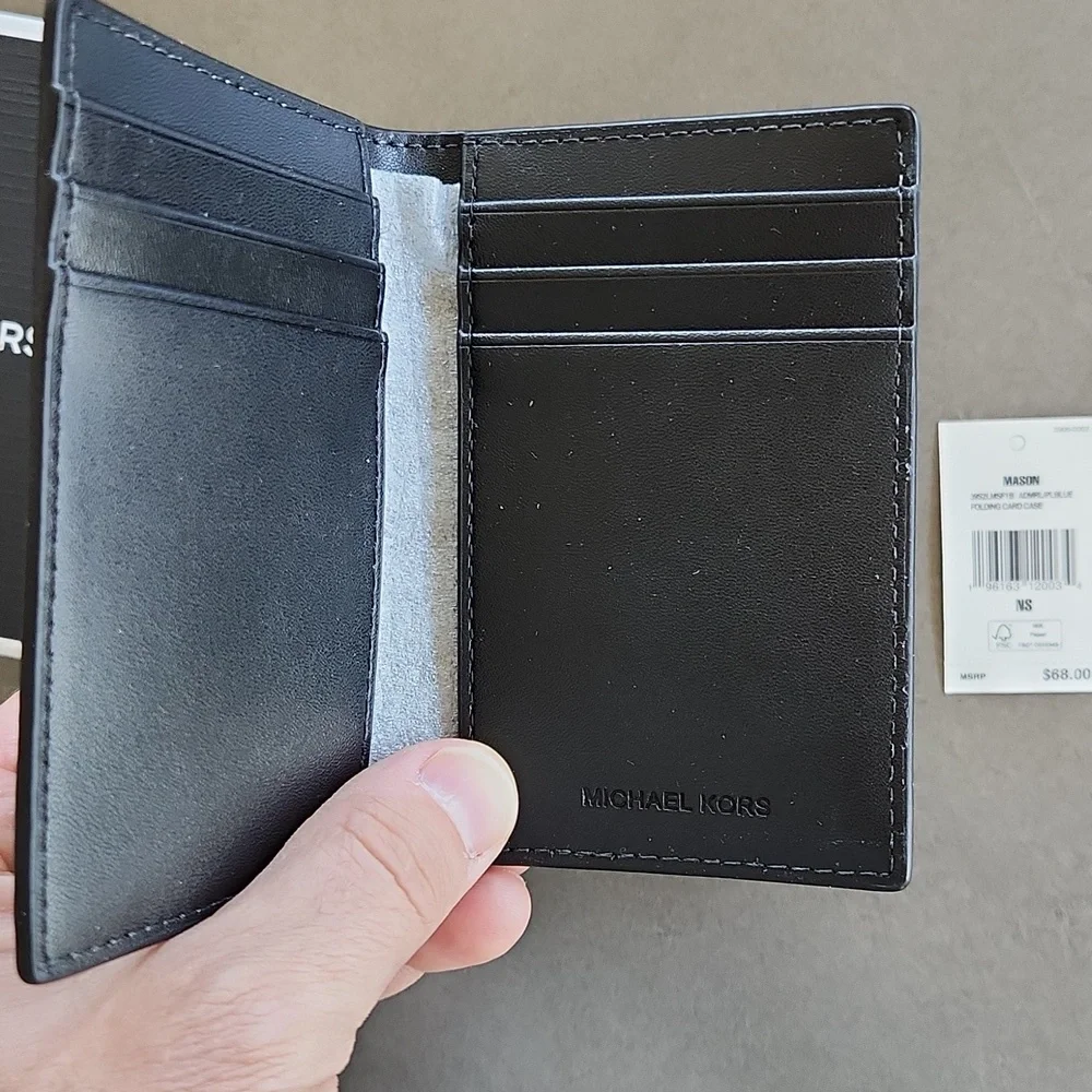 Michael Kors Blue Mason Mens Logo Bi-Fold Card Case New $68